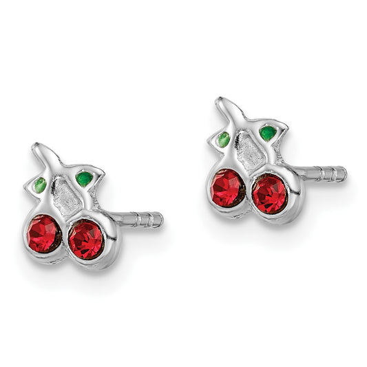 Rhodium-plated Sterling Silver Red & Green Crystal Cherry Post Earrings