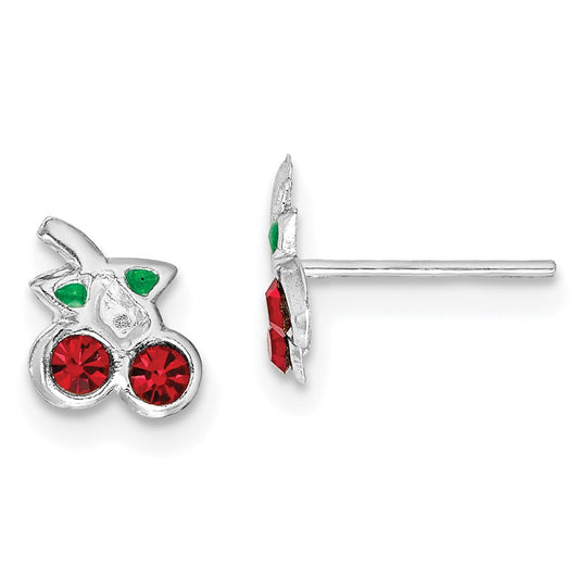 Rhodium-plated Sterling Silver Red & Green Crystal Cherry Post Earrings