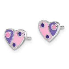 Rhodium-plated Sterling Silver Childs Enameled Pink Purple Heart Earrings