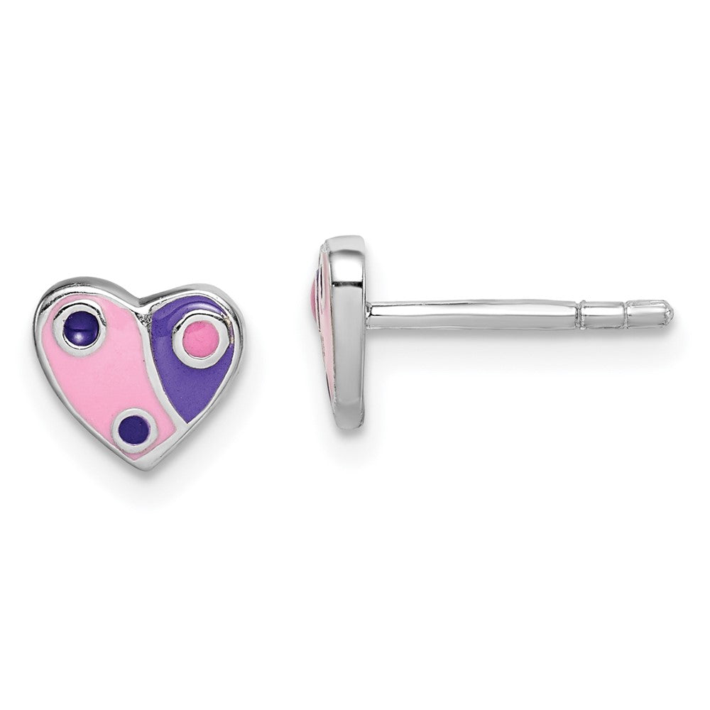 Rhodium-plated Sterling Silver Childs Enameled Pink Purple Heart Earrings