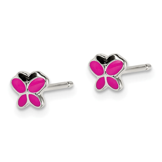 Sterling Silver Enameled Pink and Black Butterfly Post Earrings