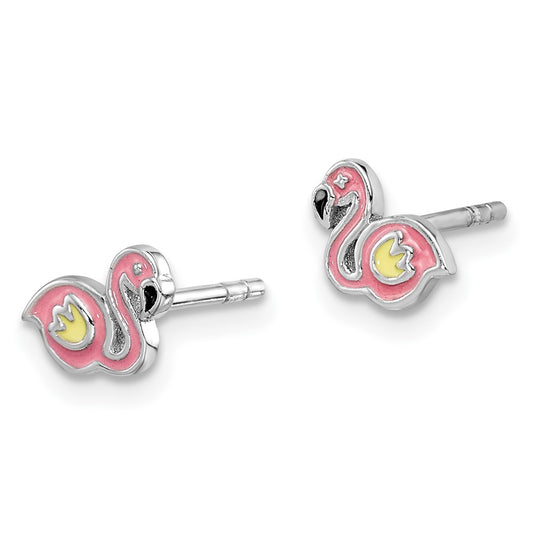 Rhodium-plated Sterling Silver Childs Enameled Flamingo Post Earrings