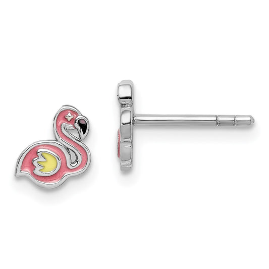 Rhodium-plated Sterling Silver Childs Enameled Flamingo Post Earrings