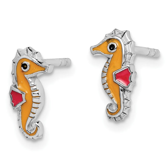 Rhodium-plated Sterling Silver Childs Enameled Seahorse Post Earrings