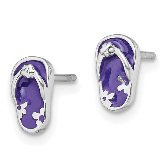 Rhodium-plated Sterling Silver Enameled Purple Flip Flop Post Earrings