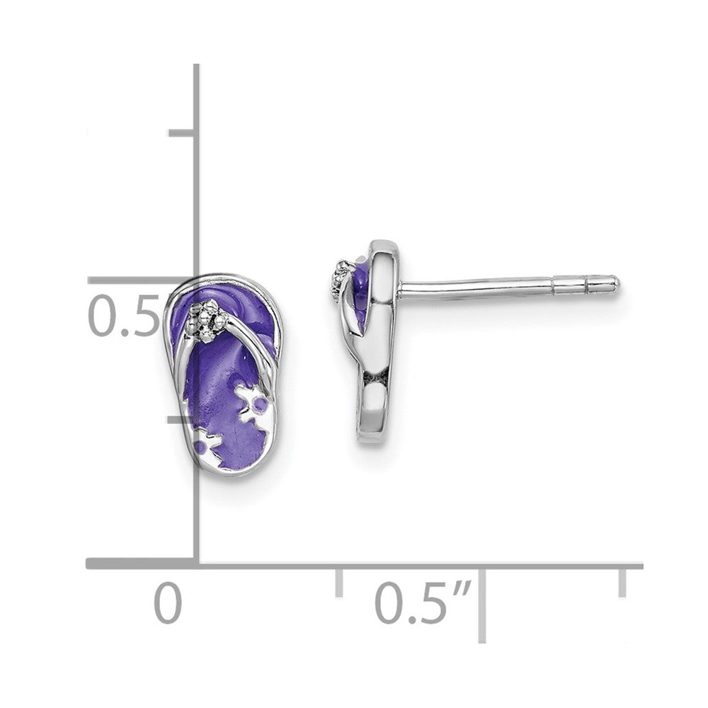 Rhodium-plated Sterling Silver Enameled Purple Flip Flop Post Earrings