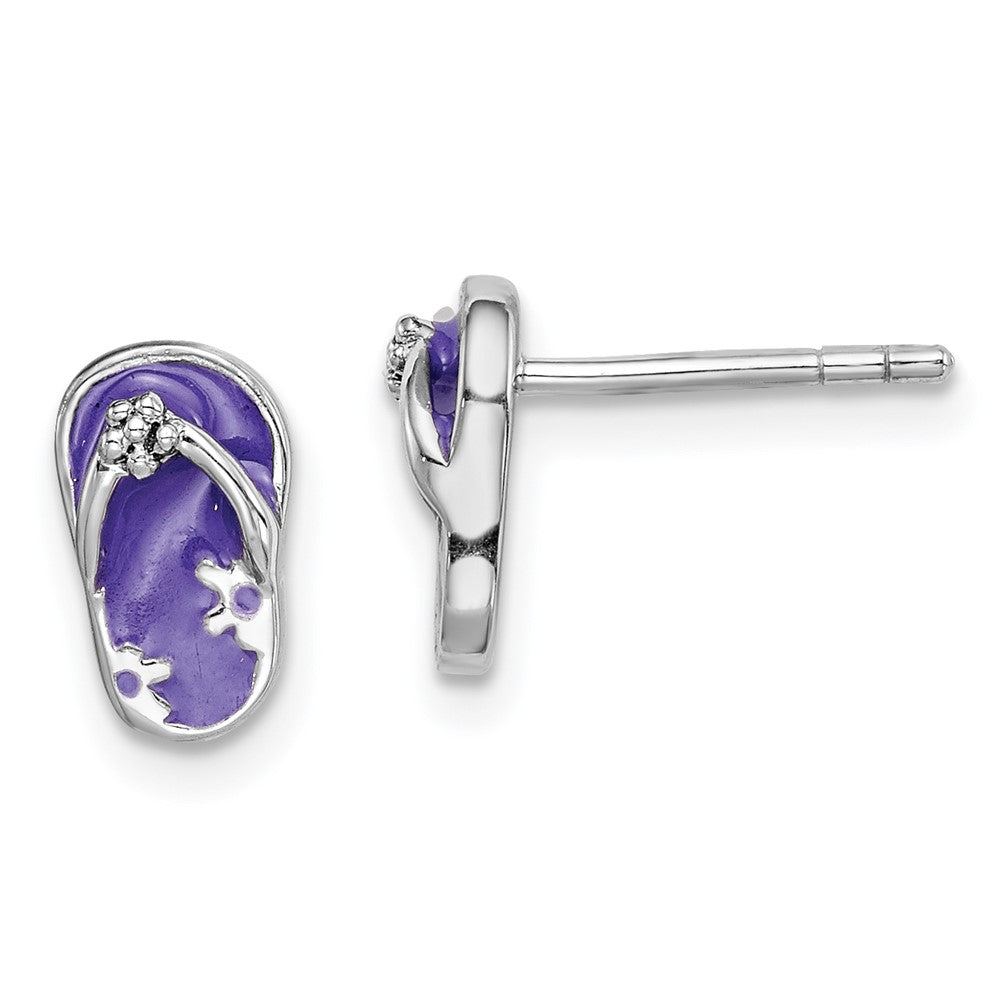 Rhodium-plated Sterling Silver Enameled Purple Flip Flop Post Earrings