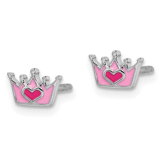 Rhodium-plated Sterling Silver Childs Enameled Pink Crown Post Earrings