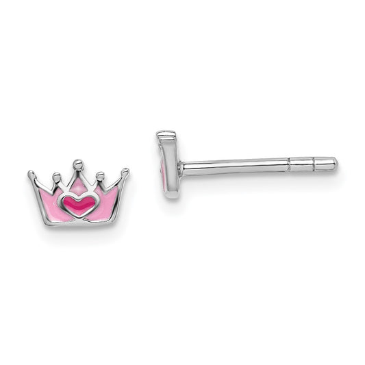 Rhodium-plated Sterling Silver Childs Enameled Pink Crown Post Earrings