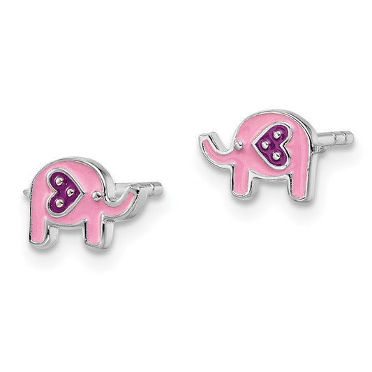 Rhodium-plated Sterling Silver Childs Enameled Pink Elephant Post Earrings