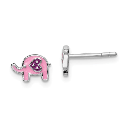 Rhodium-plated Sterling Silver Childs Enameled Pink Elephant Post Earrings