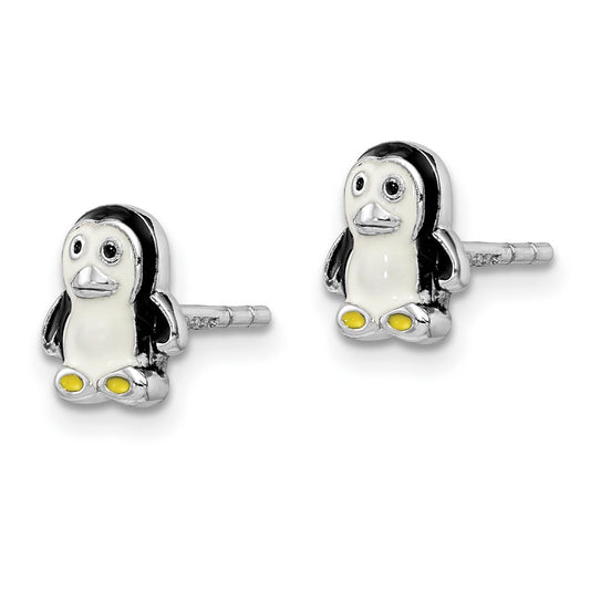 Rhodium-plated Sterling Silver Childs Enameled Penguin Post Earrings