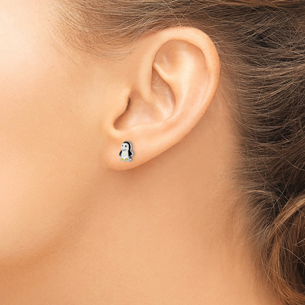 Rhodium-plated Sterling Silver Childs Enameled Penguin Post Earrings