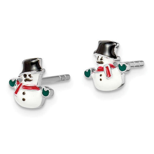 Rhodium-plated Sterling Silver Childs Enameled Snowman Post Earrings