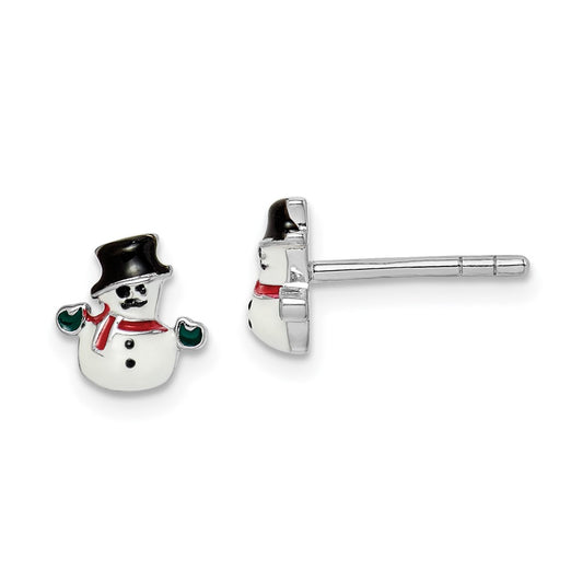 Rhodium-plated Sterling Silver Childs Enameled Snowman Post Earrings