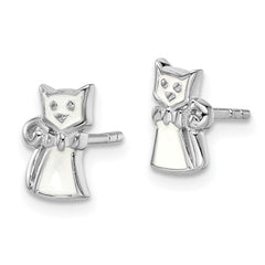 Rhodium-plated Sterling Silver Childs Enameled White Cat Post Earrings