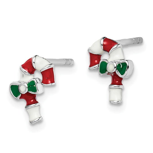 Rhodium-plated Sterling Silver Childs Enameled Candy Cane Post Earrings