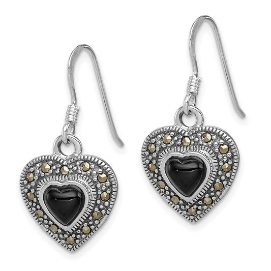 Sterling Silver Onyx Heart Marcasite Heart Earrings