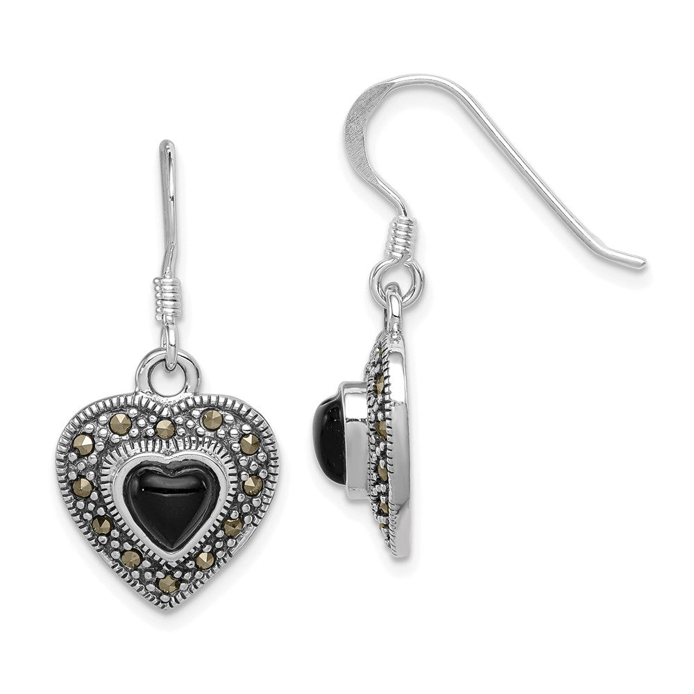Sterling Silver Onyx Heart Marcasite Heart Earrings