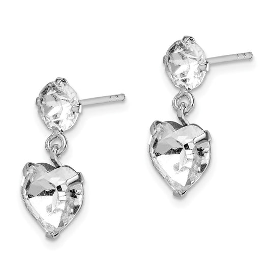 Rhodium-plated Silver Crystal Heart Dangle Post Earrings