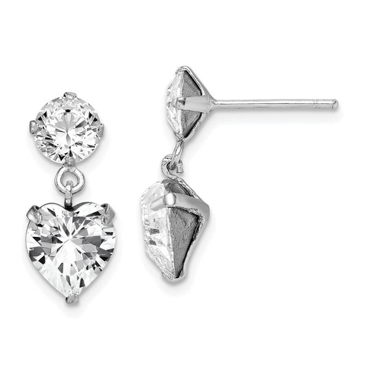 Rhodium-plated Silver Crystal Heart Dangle Post Earrings