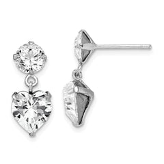 Rhodium-plated Silver Crystal Heart Dangle Post Earrings