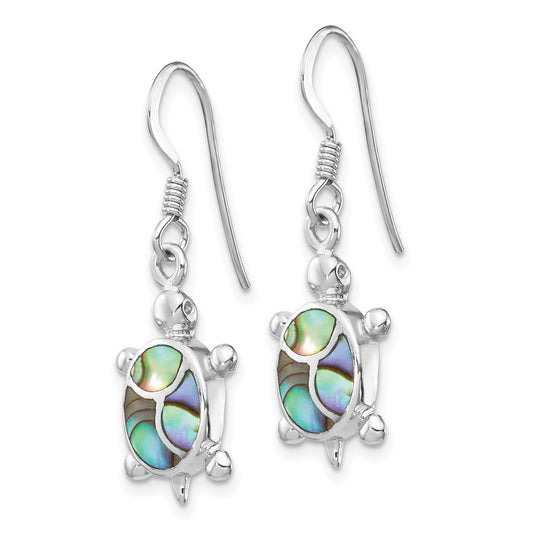 Rhodium-plated Sterling Silver Abalone Turtle Dangle Earrings