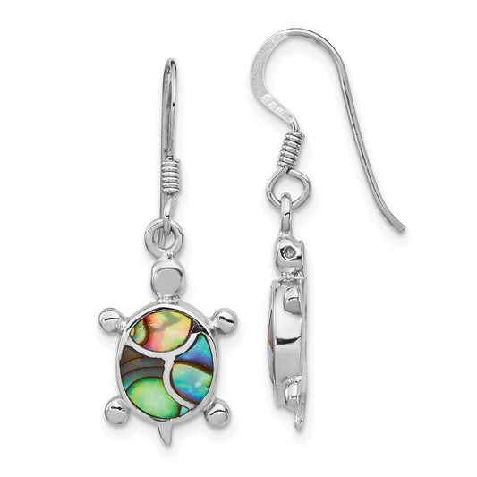 Rhodium-plated Sterling Silver Abalone Turtle Dangle Earrings