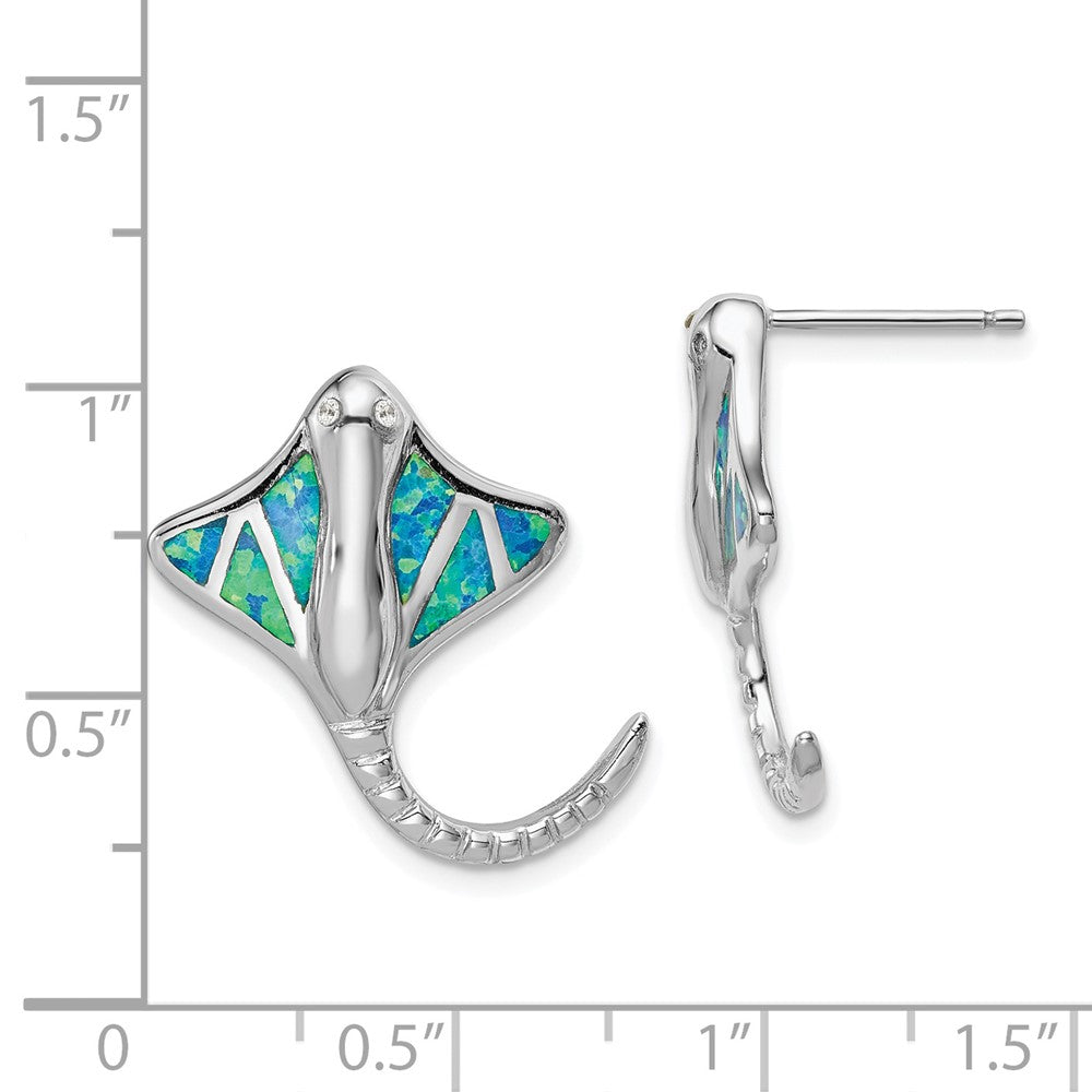 Rhodium-plated Sterling Silver Created Blue Opal Stingray Post Earrings