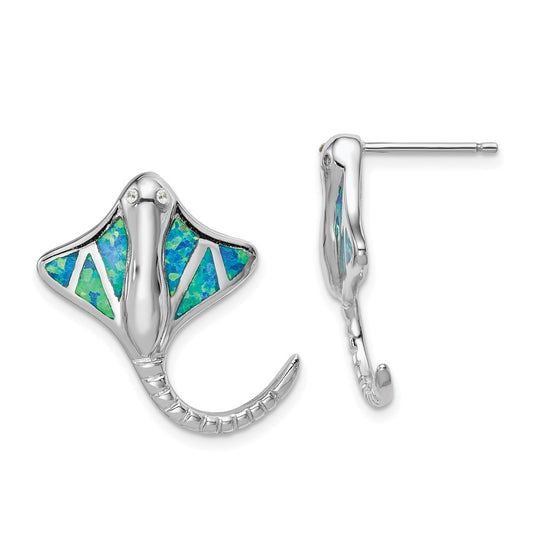 Rhodium-plated Sterling Silver Created Blue Opal Stingray Post Earrings