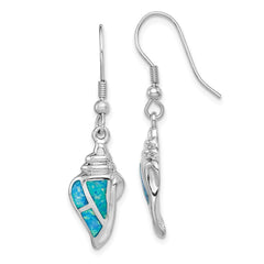 Rhodium-plated Sterling Silver Created Blue Opal Seashell Dangle Earrings