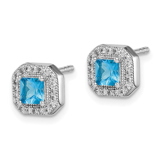 Rhodium-plated Sterling Silver Square Blue and Clear CZ Post Earrings