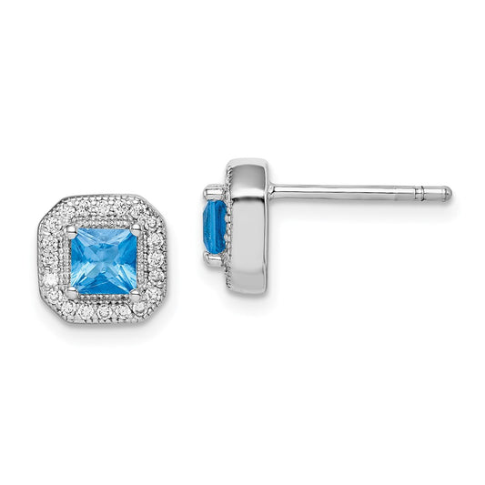 Rhodium-plated Sterling Silver Square Blue and Clear CZ Post Earrings