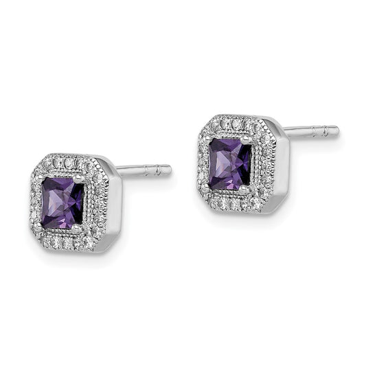 Rhodium-plated Sterling Silver Square Purple and Clear CZ Post Earrings