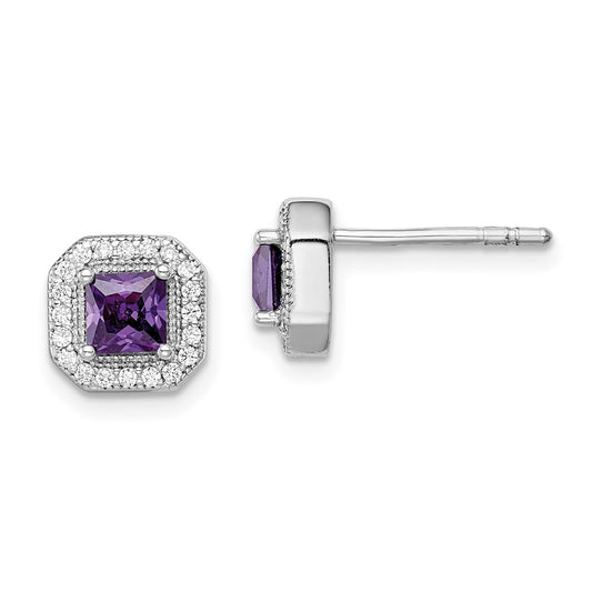 Rhodium-plated Sterling Silver Square Purple and Clear CZ Post Earrings