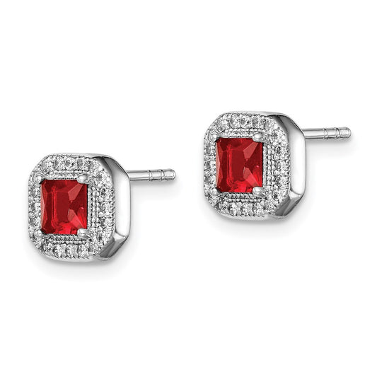 Rhodium-plated Sterling Silver Clear CZ and Square Red CZ Post Earrings