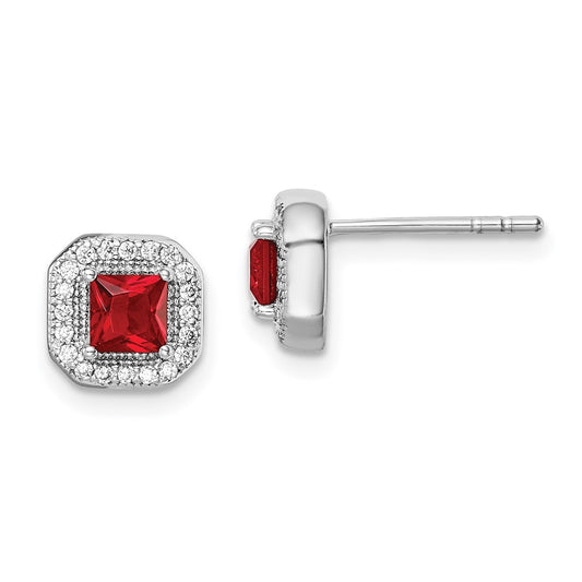 Rhodium-plated Sterling Silver Clear CZ and Square Red CZ Post Earrings