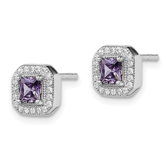 Rhodium-plated Sterling Silver Purple and Clear CZ Post Earrings