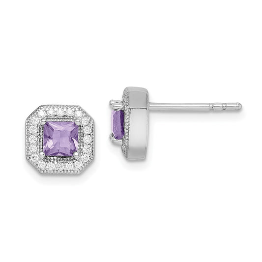 Rhodium-plated Sterling Silver Purple and Clear CZ Post Earrings