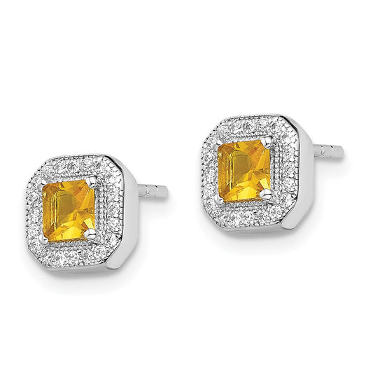 Rhodium-plated Sterling Silver Square Yellow and Clear CZ Post Earrings