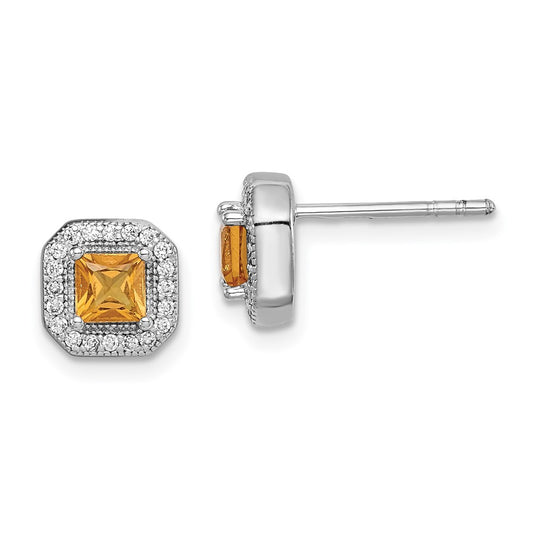 Rhodium-plated Sterling Silver Square Yellow and Clear CZ Post Earrings