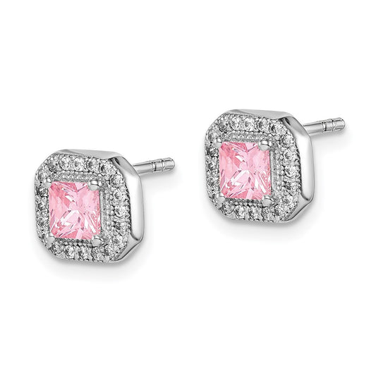 Rhodium-plated Sterling Silver Square Pink and Clear CZ Post Earrings