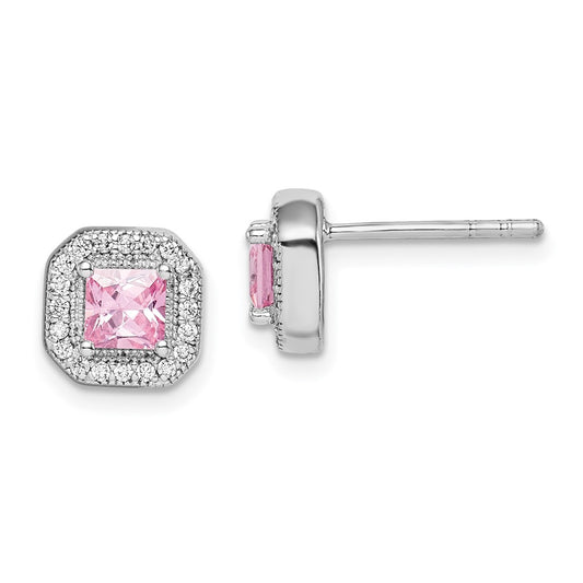 Rhodium-plated Sterling Silver Square Pink and Clear CZ Post Earrings