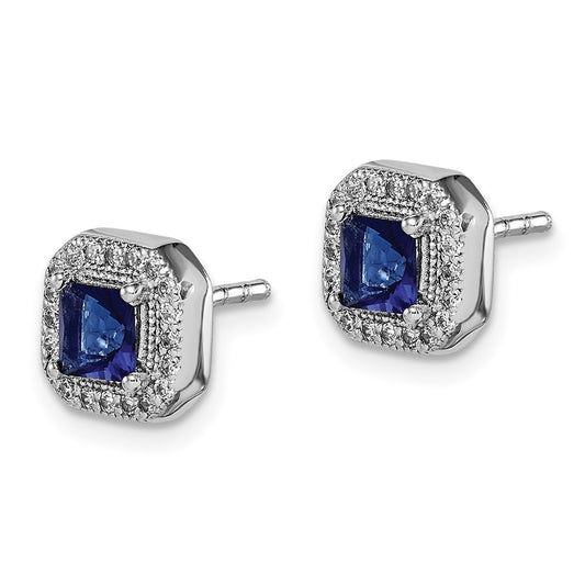 Rhodium-plated Sterling Silver Square Blue and Clear CZ Post Earrings