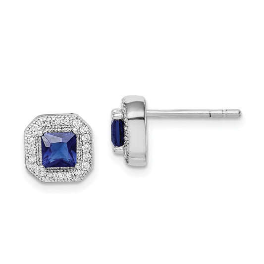 Rhodium-plated Sterling Silver Square Blue and Clear CZ Post Earrings