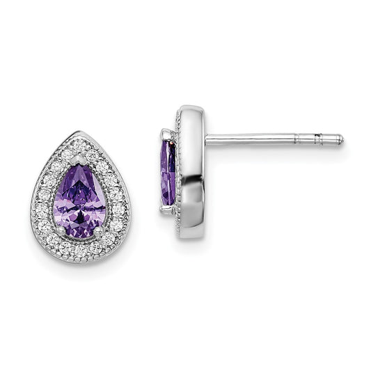 Rhodium-plated Sterling Silver Purple and Clear CZ Earrings