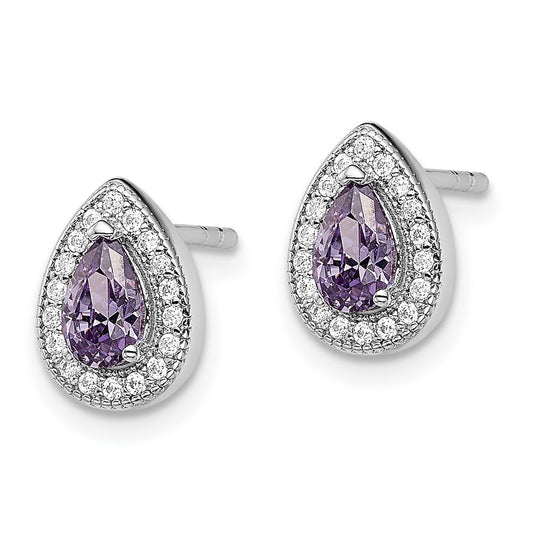 Rhodium-plated Sterling Silver Purple and Clear CZ Post Earrings