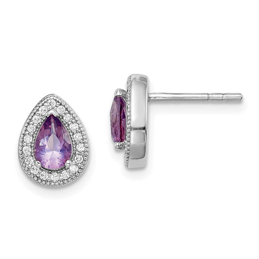 Rhodium-plated Sterling Silver Purple and Clear CZ Post Earrings