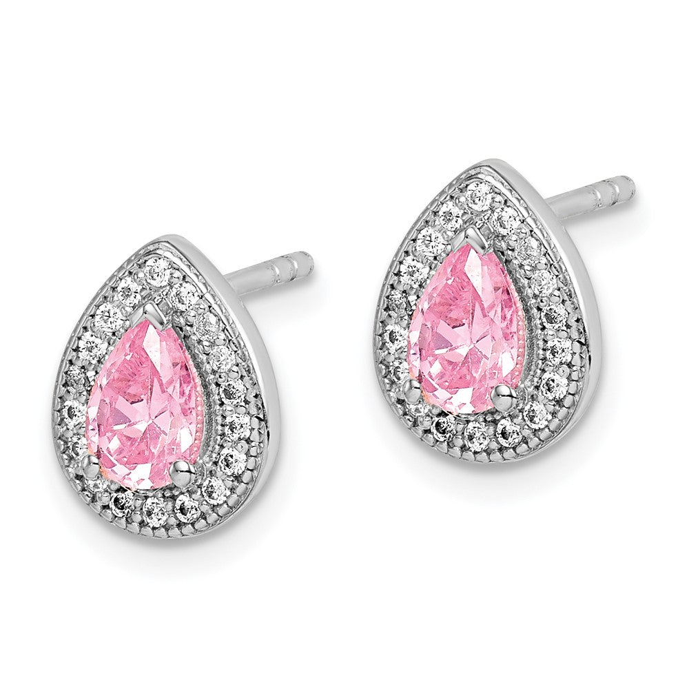 Rhodium-plated Sterling Silver Pink and Clear CZ Post Earrings