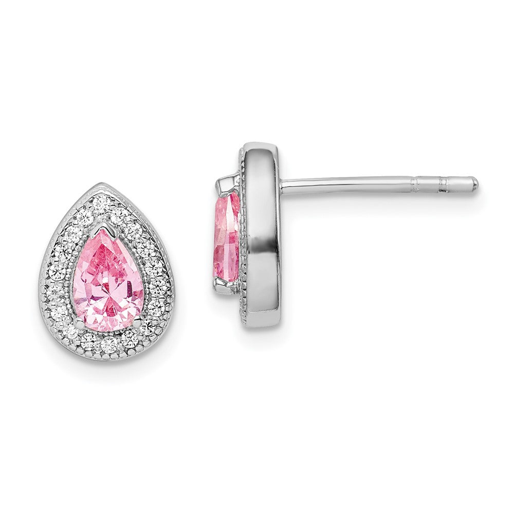 Rhodium-plated Sterling Silver Pink and Clear CZ Post Earrings